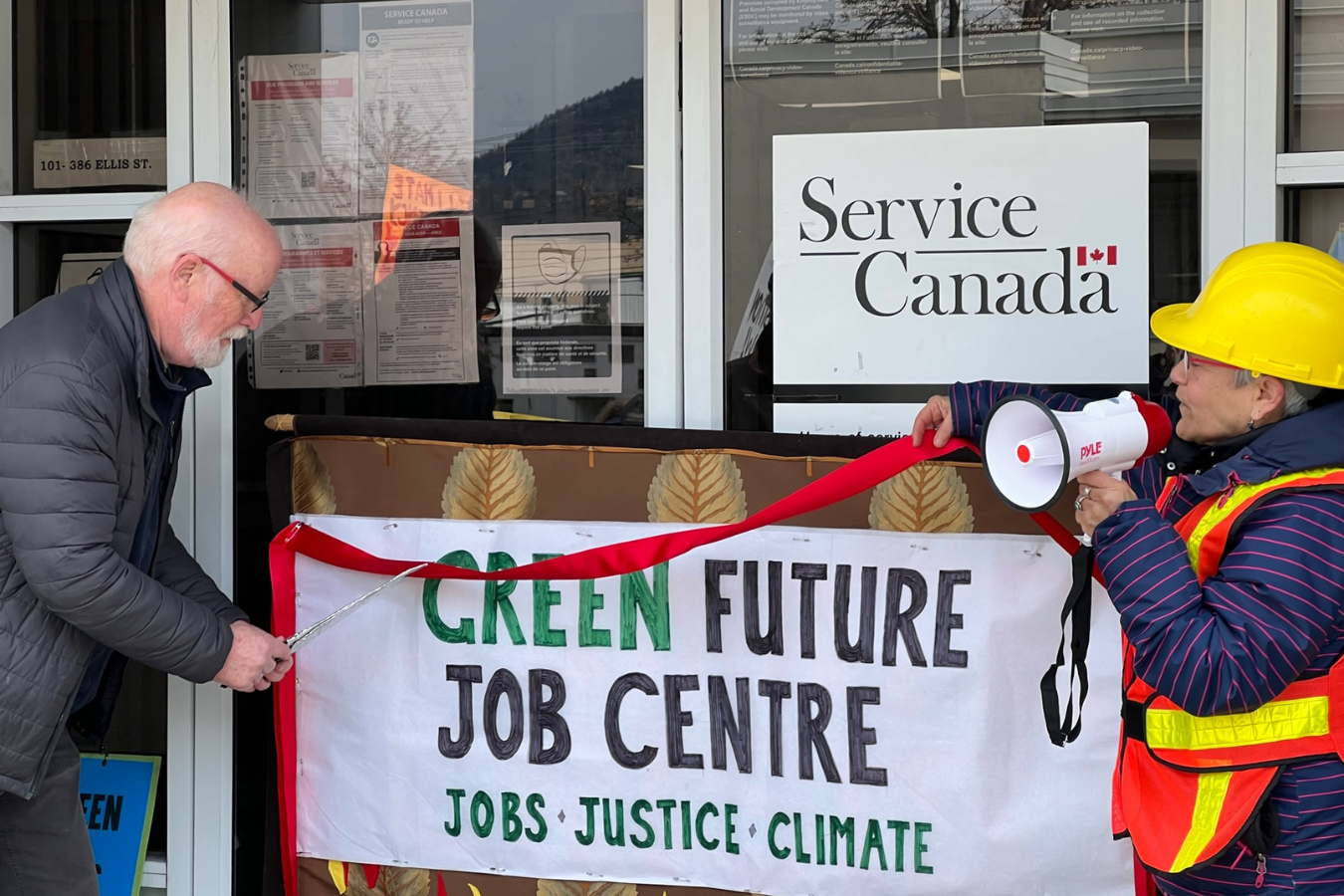 Organizers in Penticton stage a green job centre opening as part of last year's Day of Action for a Just Transition